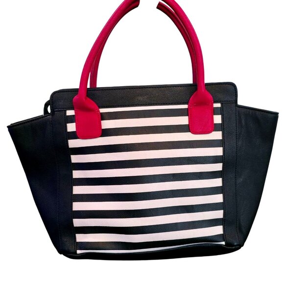 Betsey Johnson Striped Tote Bag With Red Handles And Tassel Charm Black & White - Picture 2 of 11